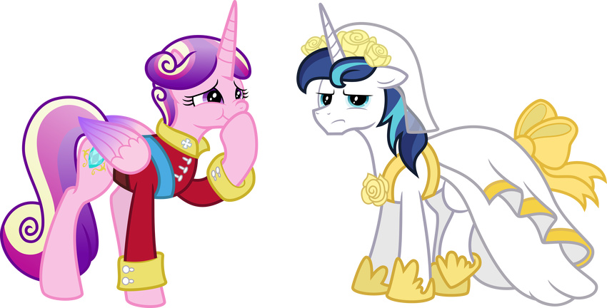 clothed clothing crossdressing cutie_mark dress duo equine feathered_wings feathers female feral friendship_is_magic giggling hair horn mactavish1996 male mammal multicolored_hair my_little_pony princess_cadance_(mlp) shining_armor_(mlp) unicorn uniform winged_unicorn wings