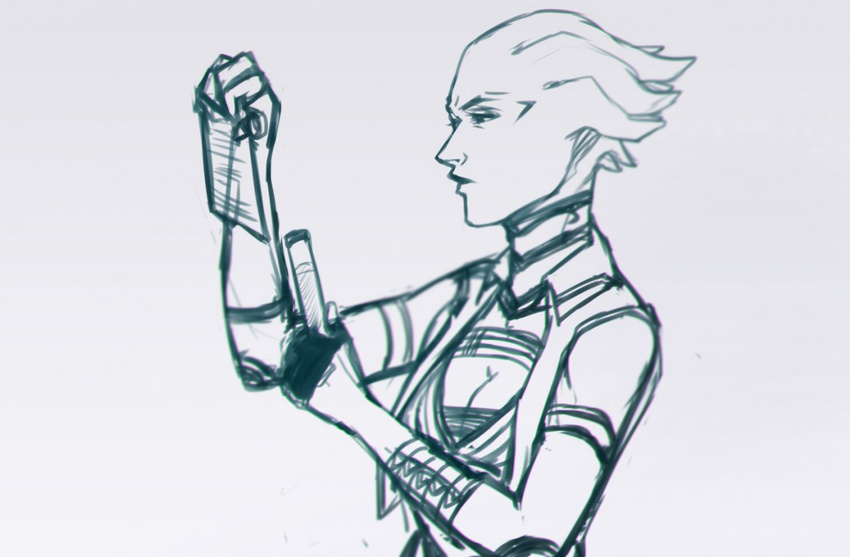 2016 alien asari breasts cleavage clothed clothing female hair humanoid jacket mass_effect monochrome not_furry reading sketch solo video_games winterblack