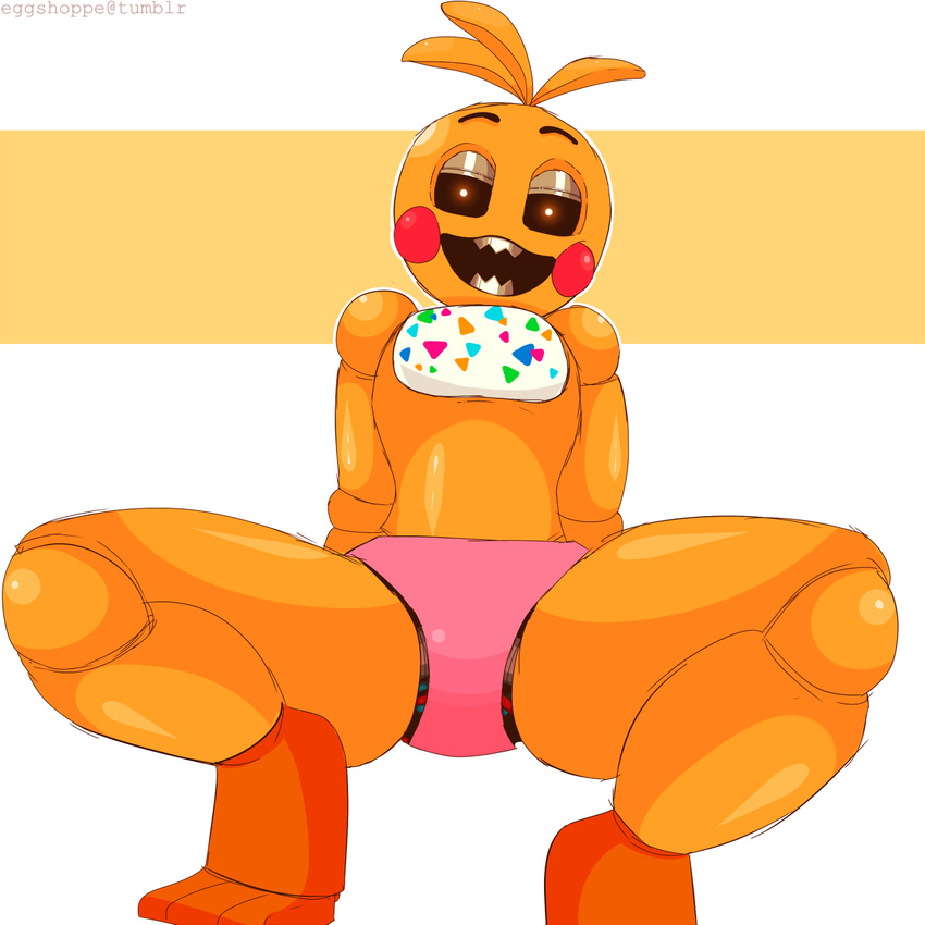 animatronic anthro avian beakless bird blush chicken clothing digital_media_(artwork) eggshoppe female five_nights_at_freddy's five_nights_at_freddy's_2 hi_res humanoid looking_at_viewer machine panties robot shirukawaboulevard simple_background smile solo spread_legs spreading teeth toy_chica_(fnaf) underwear video_games wires
