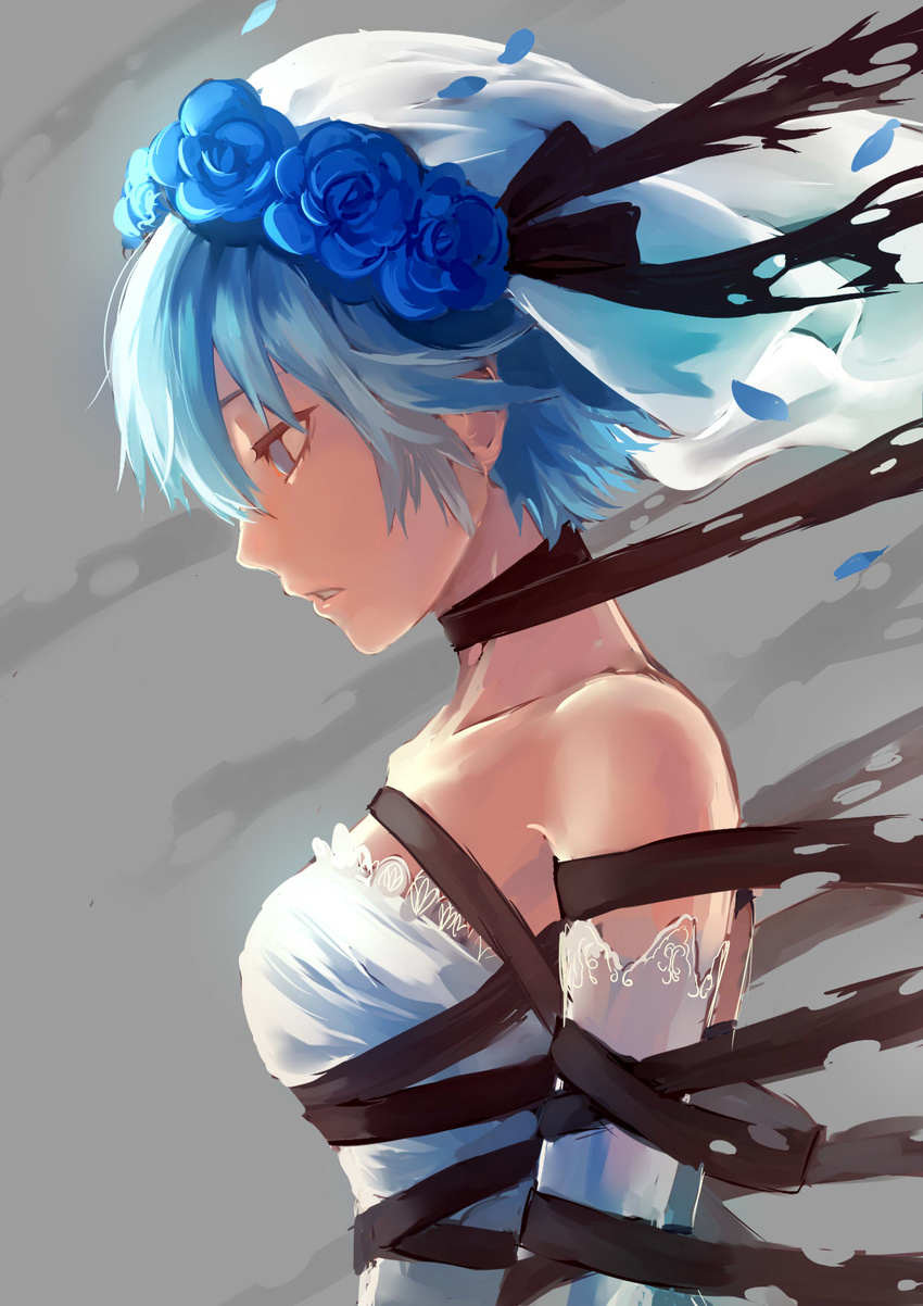 blue_flower blue_hair blue_rose bridal_veil bride elbow_gloves empty_eyes expressionless flower from_side gloves highres kurenai907 mahou_shoujo_madoka_magica miki_sayaka parted_lips profile rose short_hair solo upper_body veil