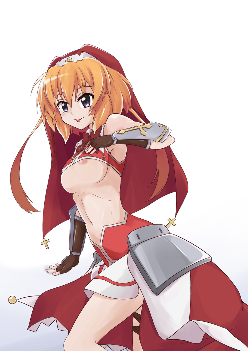 1girl areolae blush breasts chantez_arpinion lyrical_nanoha mahou_shoujo_lyrical_nanoha_vivid nun orange_hair photo_(moeeki) purple_eyes small_breasts underboob