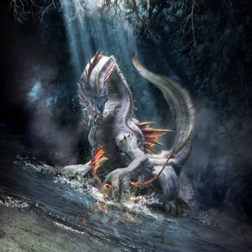 absurdres back_fin blank_eyes cave grabbing highres light_rays monster monster_hunter monster_hunter_frontier no_humans open_mouth red_sclera scales shallow_water splashing water yellow_sclera