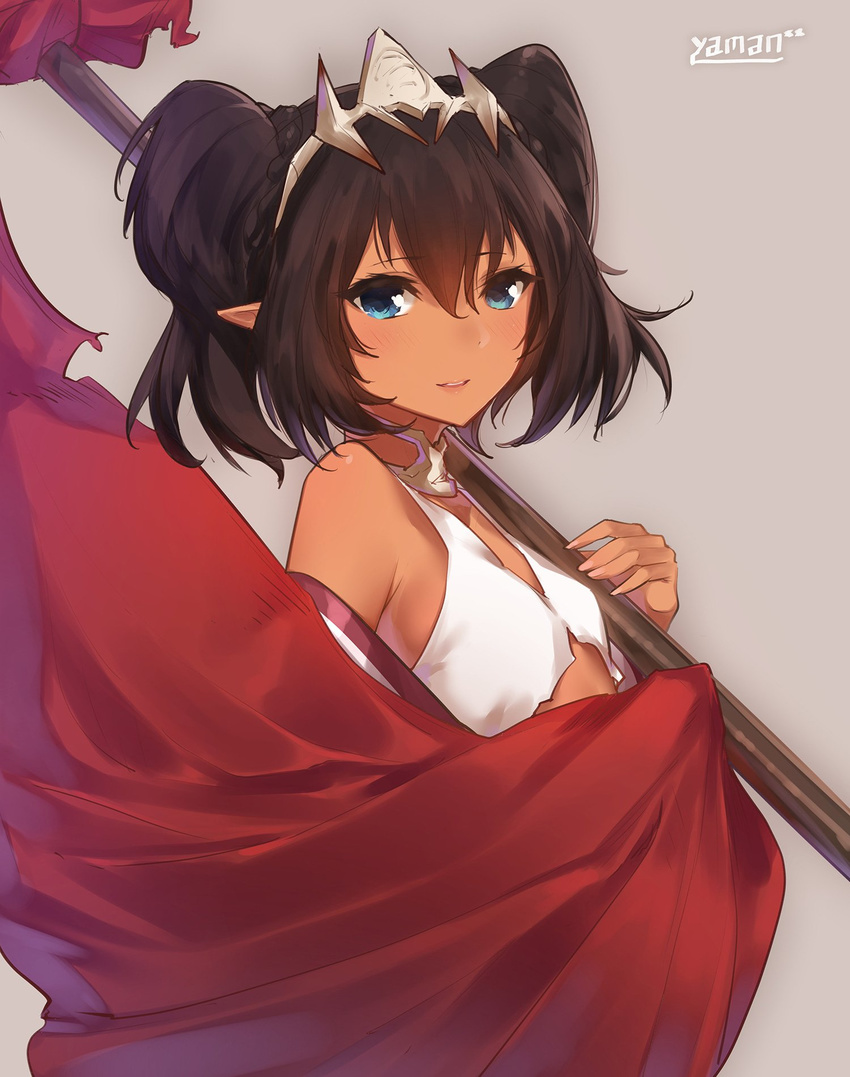 bangs bikini_top black_hair blue_eyes blush dark_skin flag flat_chest from_side grey_background hair_between_eyes highres holding jewelry looking_at_viewer midriff nadia_(sennen_sensou_aigis) neck_ring official_art over_shoulder parted_lips pointy_ears sennen_sensou_aigis short_hair short_twintails simple_background smile solo tiara twintails upper_body yaman