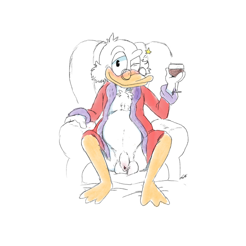 anthro armchair avian balls bird blush bottomless chair clothed clothing disney duck eyewear flaccid front_view glasses housecoat long_foreskin male one_eye_closed penis pinup pose rohly scrooge_mcduck signature sitting solo spread_legs spreading uncut wine_glass wink