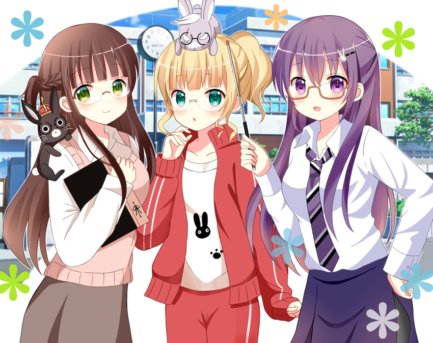 :d alternate_costume animal animal_on_head anko_(gochiusa) bangs bespectacled blonde_hair blunt_bangs blush book braid breasts brown_hair brown_skirt collarbone collared_shirt commentary_request crown eyebrows_visible_through_hair glasses gochuumon_wa_usagi_desu_ka? green_eyes gym_teacher hair_between_eyes half_updo hand_on_hip hand_up highres holding holding_book jacket kirima_sharo long_sleeves looking_at_viewer medium_breasts mini_crown multiple_girls necktie notebook on_head on_shoulder open_mouth pants parted_lips pointer ponytail purple_eyes purple_hair purple_neckwear purple_skirt rimless_eyewear ryoutan school semi-rimless_eyewear shirt side_slit skirt small_breasts smile standing striped striped_neckwear sweater_vest teacher tedeza_rize track_jacket track_pants track_suit ujimatsu_chiya white_shirt wild_geese