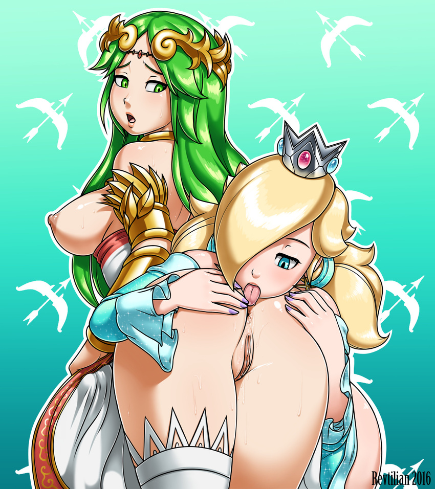 2girls alternate_hairstyle anilingus anus artist_name ass bare_shoulders blonde_hair blue_eyes breasts clitoral_hood crossover crown dated earrings green_eyes green_hair hair_over_one_eye highres jewelry kid_icarus licking lips looking_at_another looking_back low_twintails mario_(series) multiple_girls nail_polish nipples open_mouth palutena pussy revtilian rosetta_(mario) short_twintails single_thighhigh super_mario super_mario_galaxy sweat thighhighs tongue tongue_out twintails uncensored yuri