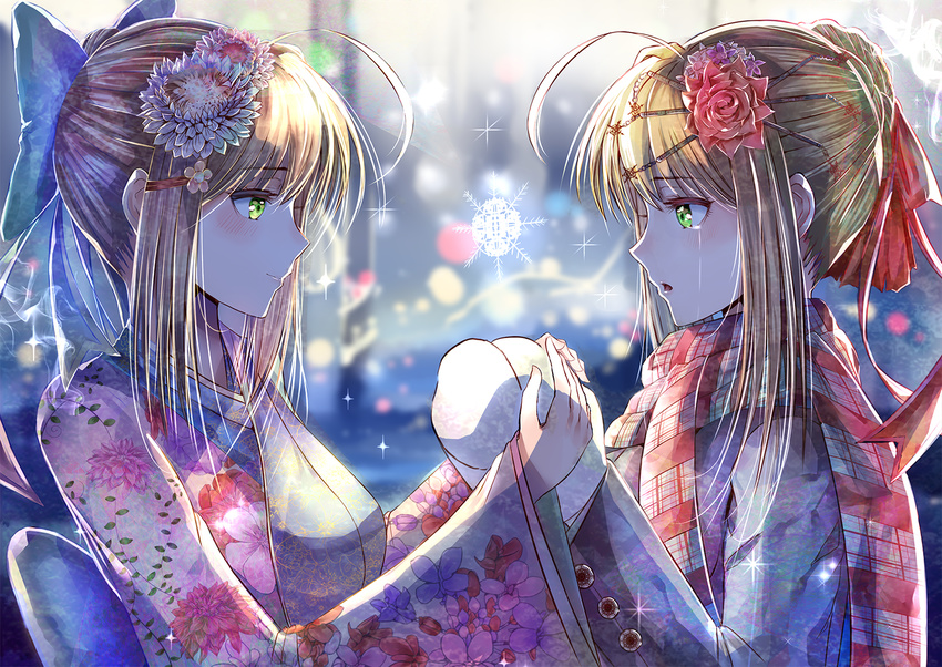 2girls blonde_hair green_eyes hand_holding multiple_girls saber saber_extra tagme type_moon