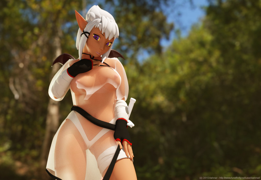 3d_(artwork) ashnar breasts clothed clothing digital_media_(artwork) elf female humanoid looking_at_viewer melee_weapon nipples outside skimpy smile solo standing sword weapon