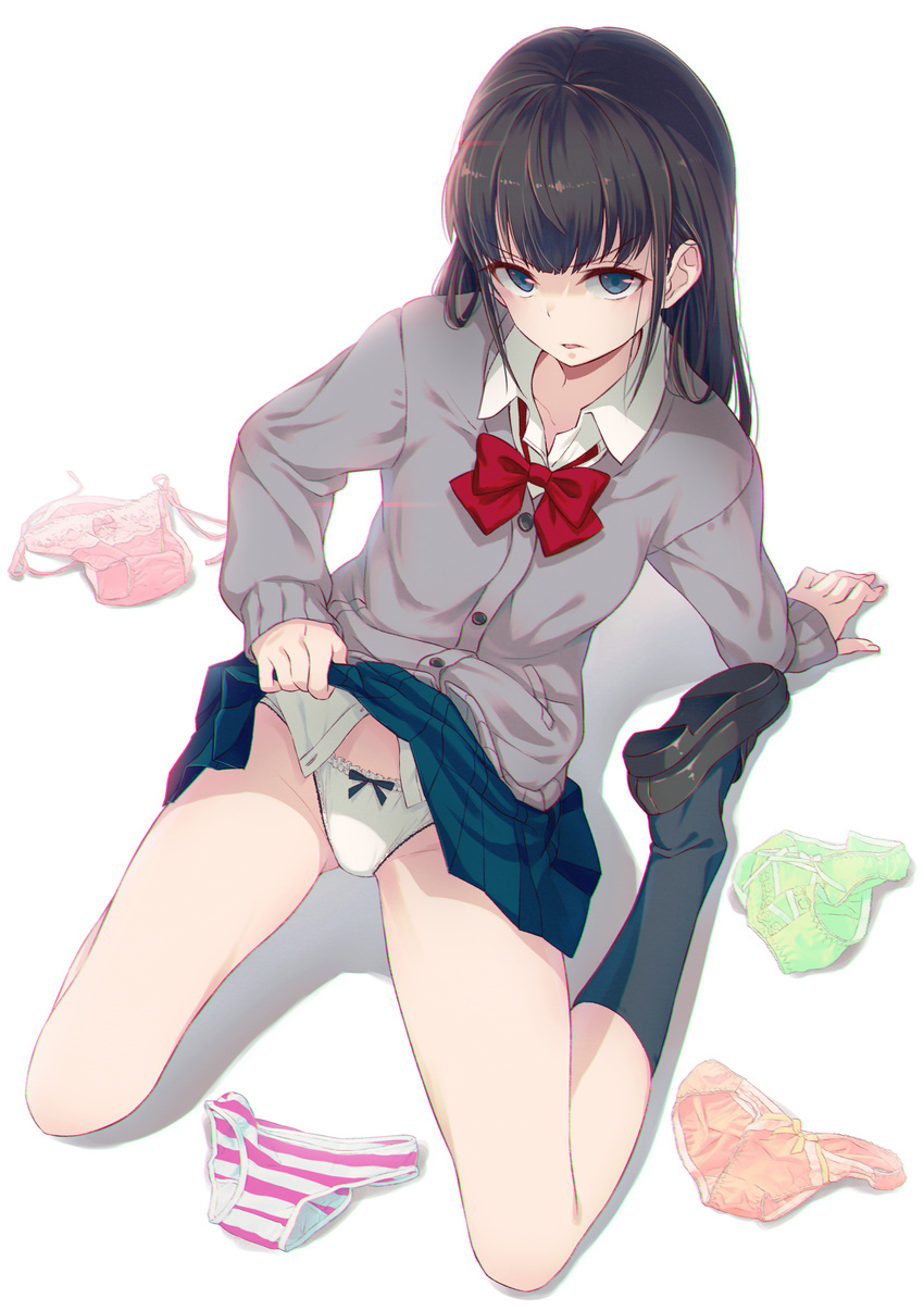 40hara angry arm_support bangs black_bow black_hair black_legwear blue_eyes blue_skirt bow bow_panties bowtie breasts cardigan collared_shirt commentary dress_shirt frilled_panties frills full_body glaring green_panties highres jitome kneehighs kneeling lifted_by_self loafers long_hair looking_at_viewer multiple_panties orange_panties original panties parted_lips pink_panties pleated_skirt pocket red_bow red_neckwear school_uniform shaded_face shadow shirt shoes side-tie_panties simple_background skirt skirt_lift sleeves_past_wrists small_breasts solo striped striped_panties thighs underwear white_background white_panties white_shirt