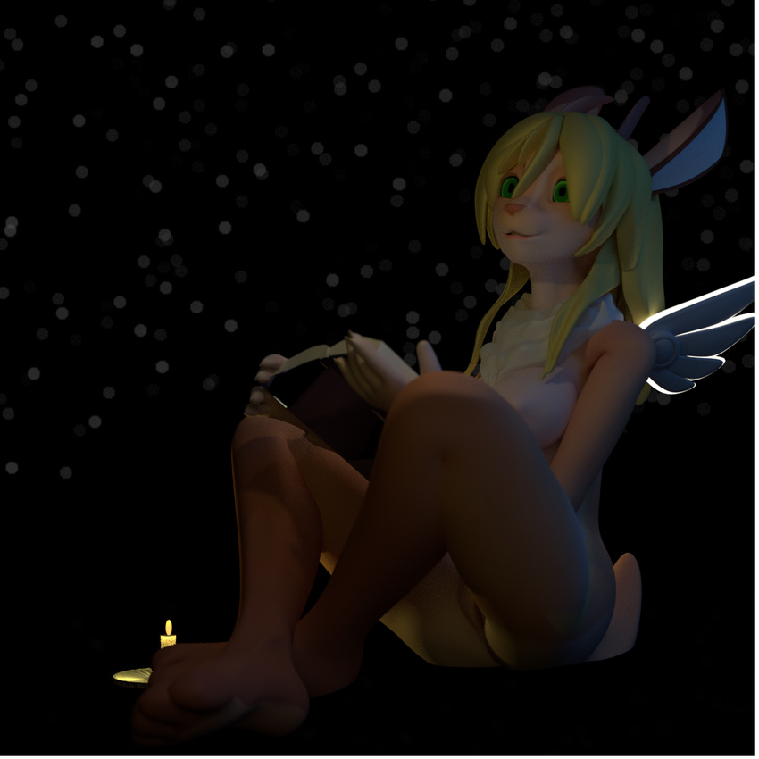 3d_(artwork) anthro ashnar book breasts digital_media_(artwork) female hair jackalope lagomorph mammal night nipples nude outside pussy sitting smile solo