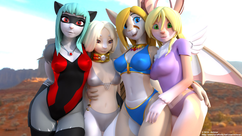 3d_(artwork) ashnar bikini camel_toe clothing digital_media_(artwork) feline group jackalope lagomorph mammal nipple_bulge outside raccoon rodent smile squirrel standing swimsuit wide_hips