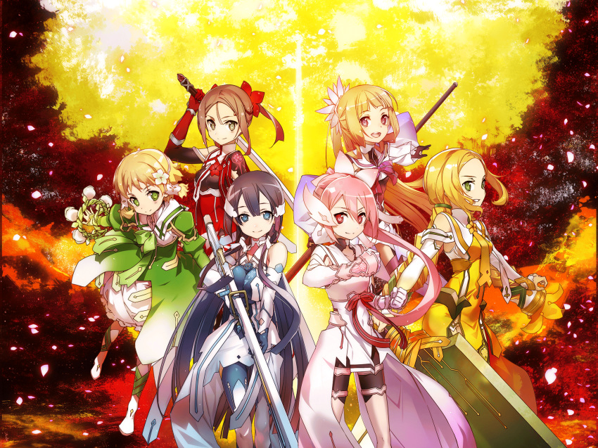 6+girls bell bike_shorts blonde_hair blue_eyes blue_hair blue_ribbon bodysuit braid breasts broadsword brown_eyes brown_hair bunbun dual_wielding flower gloves green_eyes green_ribbon gun hair_flower hair_ornament hair_ribbon highres holding inubouzaki_fuu inubouzaki_itsuki katana lance large_breasts long_hair long_ponytail looking_at_viewer magical_girl miyoshi_karin multiple_girls nogi_sonoko official_art open_mouth petals pink_eyes pink_hair pink_ribbon polearm ponytail promotional_art purple_eyes purple_ribbon red_ribbon ribbon rifle short_hair smile standing sword thighhighs tougou_mimori tree twintails weapon yellow_eyes yellow_ribbon yuuki_yuuna yuuki_yuuna_wa_yuusha_de_aru yuusha_de_aru