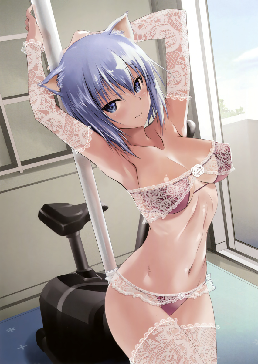 absurdres animal_ears arms_up bikini blue_eyes blue_hair blush breasts cat_ears collarbone covered_nipples day elbow_gloves gloves highres indoors lace looking_at_viewer medium_breasts navel pole purple_bikini see-through shironeko_sanbou short_hair solo swimsuit thighhighs toranoana tsurime