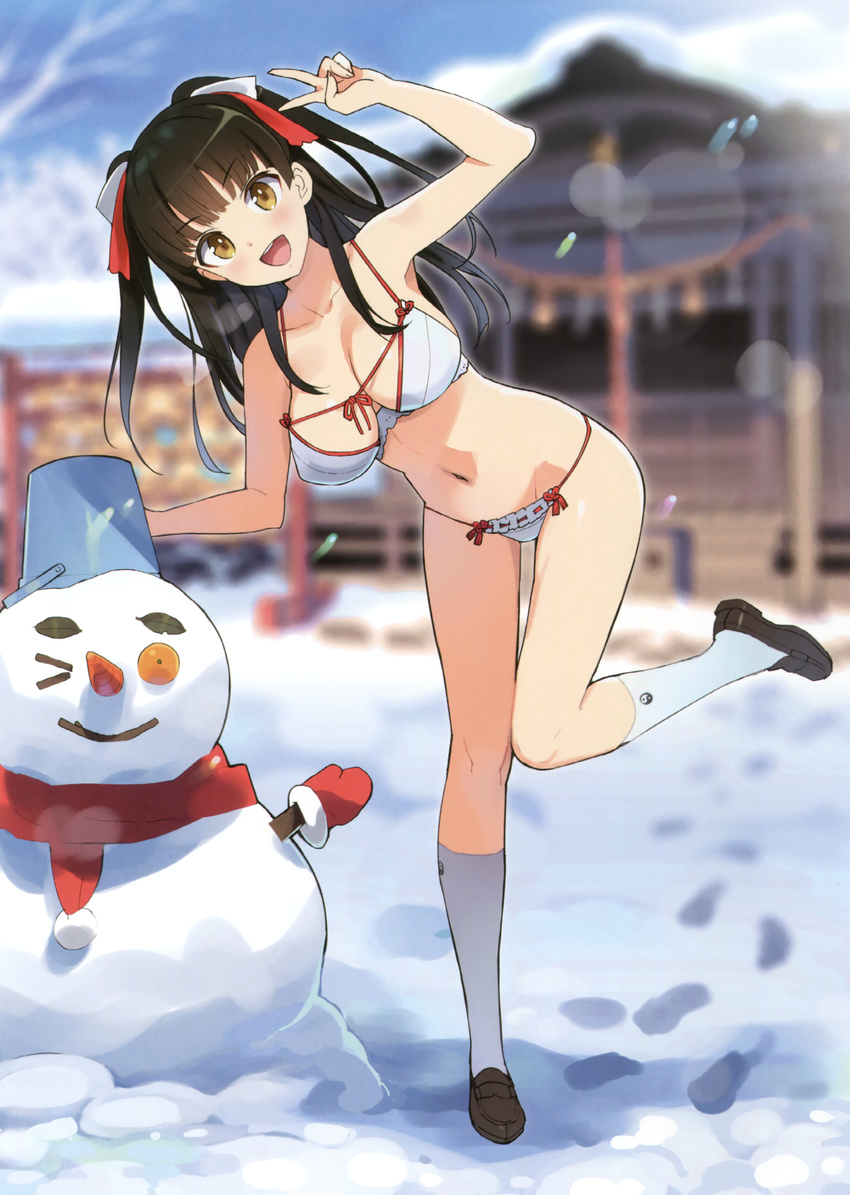 :d absurdres basket bow bow_bra bow_panties bra breasts day highres kneehighs large_breasts loafers long_hair nontraditional_miko ootomo_takuji open_mouth panties ribbon-trimmed_panties shoes smile snow snowman solo toranoana two_side_up underwear underwear_only v white_bra white_panties yin_yang