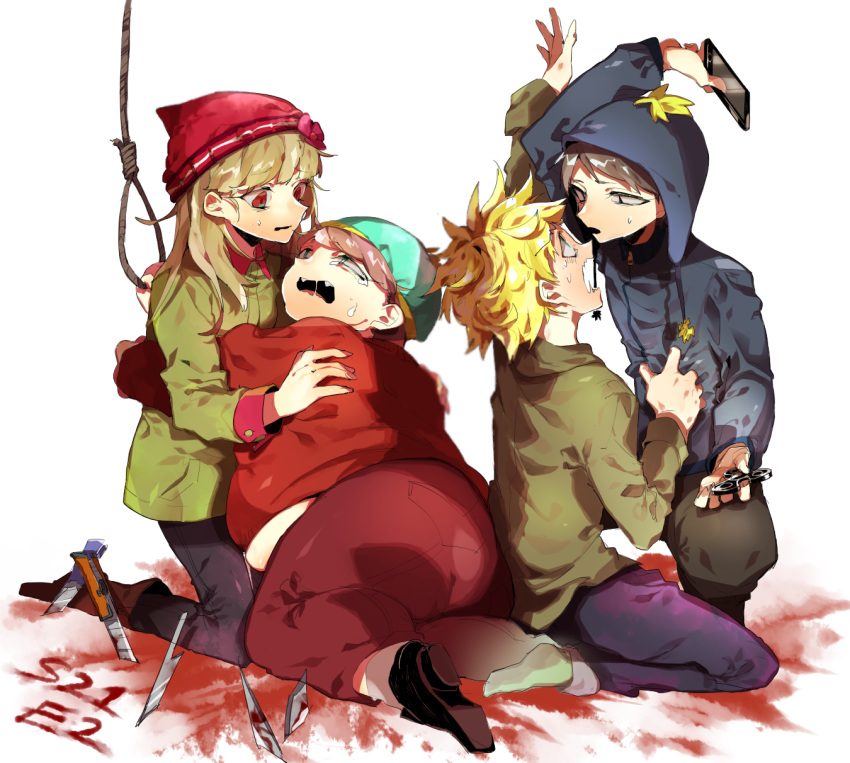 1girl 3boys black_hair blonde_hair blood blue_eyes brown_hair coat couple craig_tucker eric_cartman fuuga_(perv_rsity) gloves hat heidi_turner hetero highres multiple_boys short_hair south_park spiked_hair tears tweek_tweak yaoi