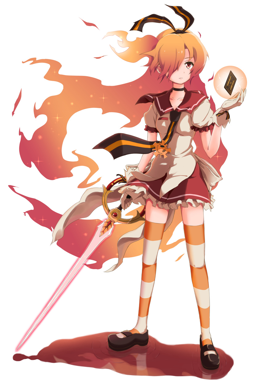 :/ badge black_footwear breasts button_badge choker collarbone fiery_hair frown full_body gen'ei_wo_kakeru_taiyou gloves hair_over_one_eye hair_ribbon highres holding holding_sword holding_weapon looking_away magical_girl mary_janes medium_breasts necktie one_side_up orange_hair panikuru_yuuto pool_of_blood red_eyes red_skirt ribbon ripples shoes simple_background skirt solo sparkle standing striped striped_legwear striped_neckwear striped_ribbon sword taiyou_akari tarot thighhighs weapon white_background white_gloves zettai_ryouiki