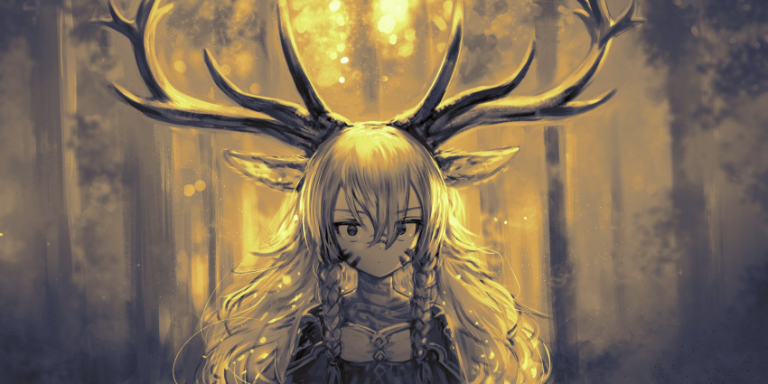 1girl animal_ears antlers braid expressionless facial_mark forest hair_between_eyes highres kurobuta_gekkan long_hair nature original outdoors reindeer_antlers reindeer_ears solo tattoo tree twin_braids upper_body yellow