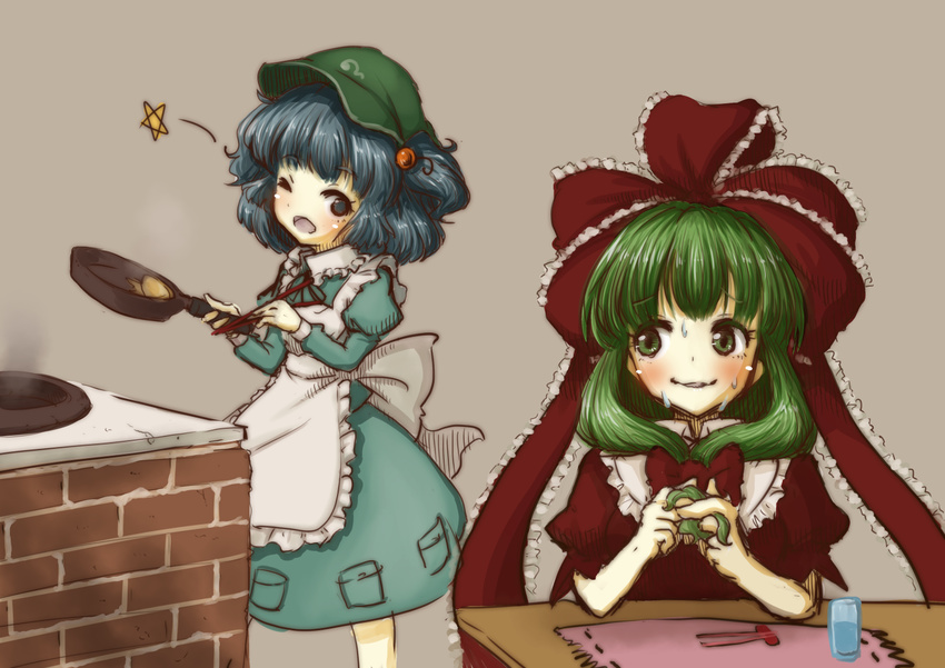 ;d apron bangs blue_eyes blue_hair blush bow brick brown_background check_commentary chopsticks commentary commentary_request cooking cup dress drinking_glass eyebrows eyebrows_visible_through_hair fidgeting frills front_ponytail frying_pan green_dress green_eyes green_hair hair_bobbles hair_bow hair_ornament hair_ribbon hat head_tilt holding juliet_sleeves kagiyama_hina kawashiro_nitori long_hair long_sleeves looking_at_another looking_to_the_side multiple_girls nervous nervous_smile one_eye_closed open_mouth playing_with_own_hair pocket puffy_short_sleeves puffy_sleeves red_bow red_dress red_ribbon ribbon ribbon_trim short_sleeves simple_background smile smoke standing star stove sweat sweatdrop tikano tokin_hat touhou two_side_up waist_apron