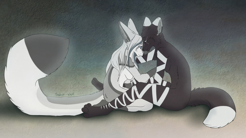 aimi anthro black_fur blair_(aimi) breasts canine duo female fluffy fluffy_tail fox fur grey_fur hair hybrid male mammal nude romantic_couple simple_background sitting tasteful_nudity white_hair wolf