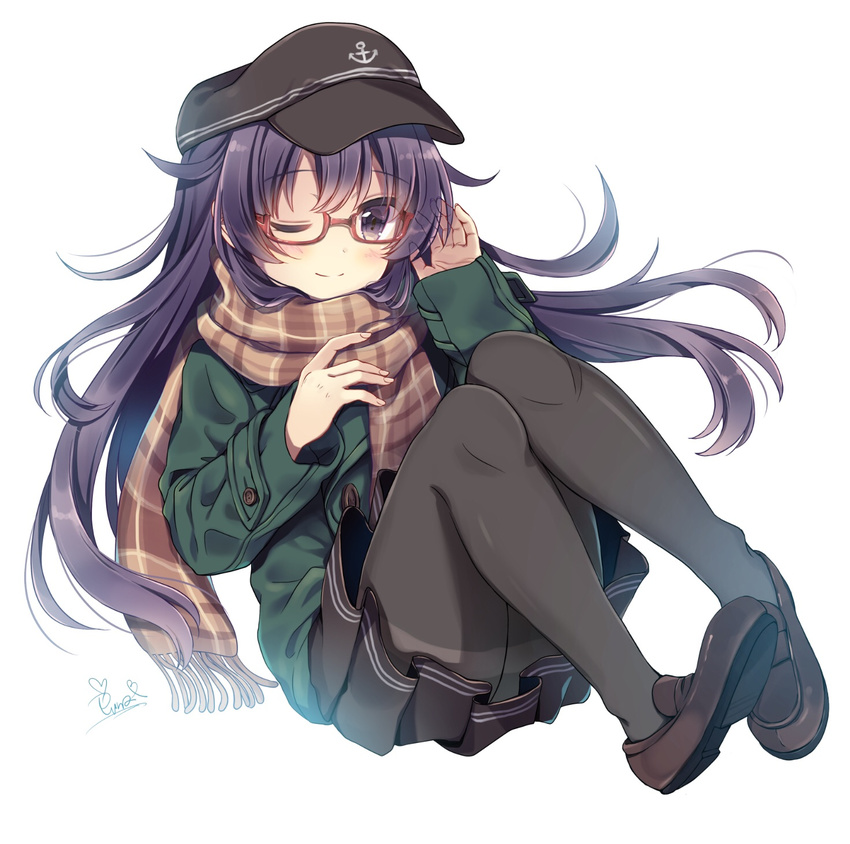 ;) adjusting_eyewear akatsuki_(kantai_collection) anchor_symbol bespectacled black_eyes black_legwear coat flat_cap glasses hat highres kantai_collection long_hair mitsuki_ponzu one_eye_closed pantyhose plaid plaid_scarf purple_hair red-framed_eyewear scarf school_uniform semi-rimless_eyewear serafuku signature simple_background smile solo under-rim_eyewear white_background winter_clothes winter_coat