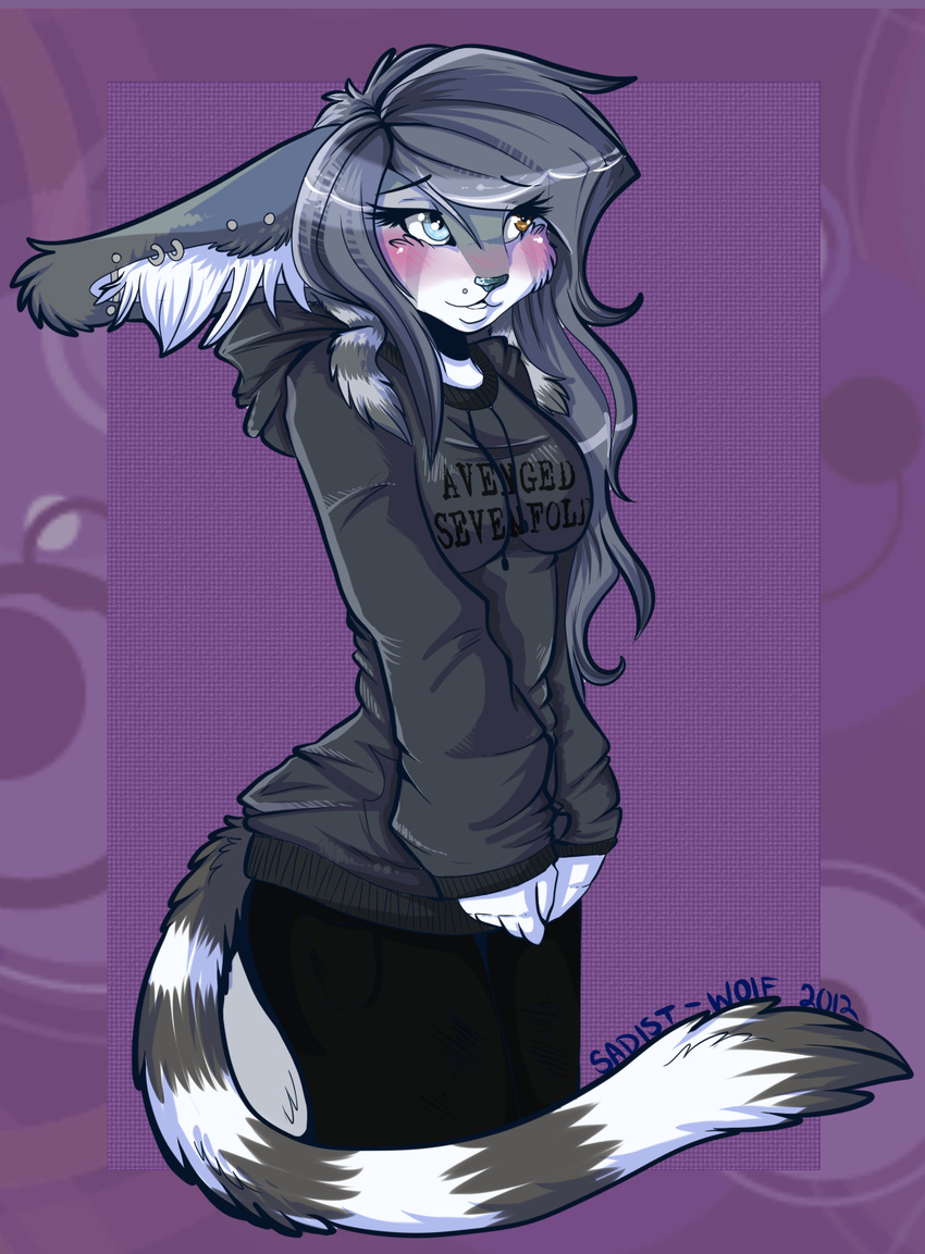 aimi anthro blair_(aimi) canine clothed clothing ear_piercing eyelashes female grey_hair grey_nose hair heterochromia hoodie mammal piercing simple_background solo standing