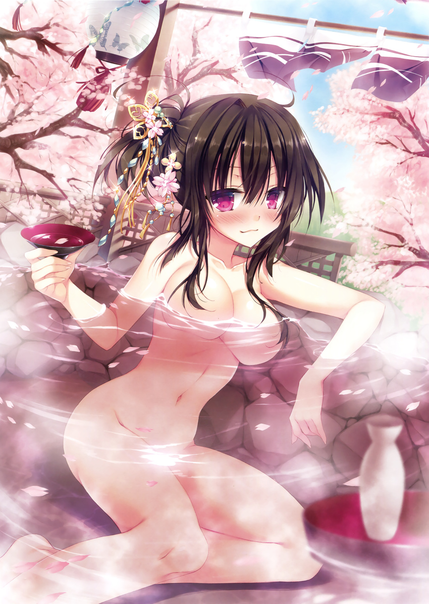 :3 absurdres arm_support barefoot bathing blue_sky blurry blush breasts brown_hair cherry_blossoms closed_mouth convenient_censoring cup day depth_of_field glint hair_between_eyes hair_censor hair_ornament hair_over_breasts highres holding holding_cup lampion looking_at_viewer medium_breasts nude onsen original outdoors partially_submerged petals ponytail purple_eyes rock satsuki_misuzu sidelocks sitting sky solo tassel tokkuri tree water yokozuwari