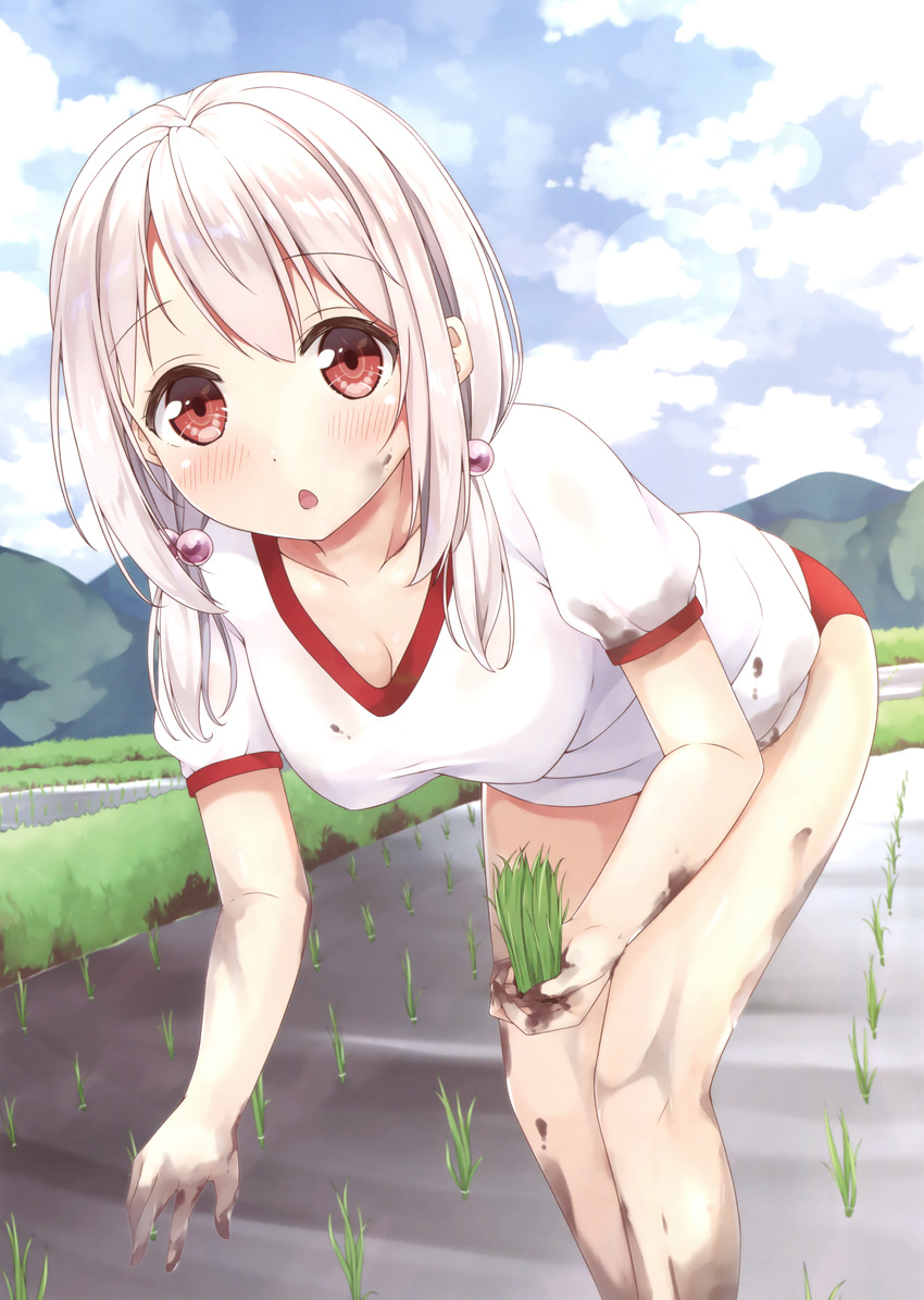 :o absurdres bangs bent_over blush breasts buruma cleavage cloud cloudy_sky collarbone cowboy_shot day dirty dirty_clothes dirty_face eyebrows_visible_through_hair field grass gym_uniform hair_bobbles hair_ornament highres karutamo leaning_forward looking_at_viewer low_twintails medium_breasts mountain open_mouth original outdoors pink_hair puffy_short_sleeves puffy_sleeves red_eyes rice_paddy scan shirt short_sleeves sky solo tisshu_(karutamo) twintails water white_shirt
