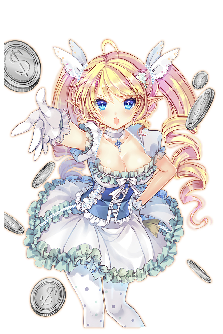 ahoge blonde_hair blue_eyes breasts charlotte_(soccer_spirits) cleavage coin dress drill_hair gloves hair_ornament hand_on_hip highres large_breasts long_hair looking_at_viewer open_mouth outstretched_hand pointy_ears ratise soccer_spirits solo standing transparent_background twin_drills twintails white_gloves white_legwear