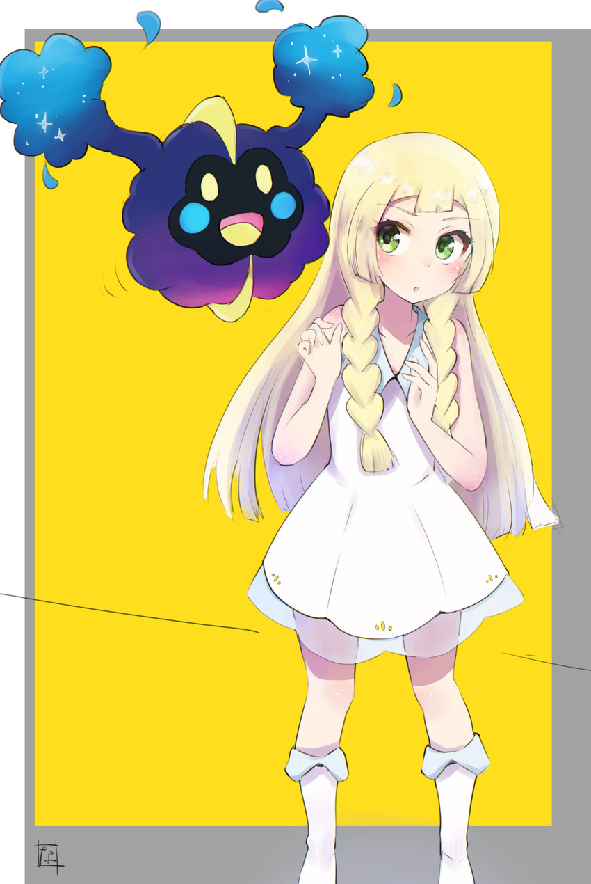 blonde_hair braid cosmog dress gen_7_pokemon green_eyes highres lillie_(pokemon) long_hair nayuhi_(yukimuu14) pokemon pokemon_(creature) pokemon_(game) pokemon_sm see-through sleeveless sleeveless_dress twin_braids white_dress