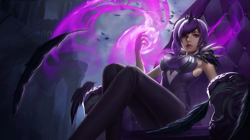 absurdres alternate_hair_color alternate_hairstyle bangs black_pants breasts crown dark_elementalist_lux dark_persona dress elementalist_lux feathers fingernails frilled_skirt frills highres league_of_legends lips looking_at_viewer luxanna_crownguard medium_breasts miniskirt nail_polish nose pants parted_lips purple_dress purple_eyes purple_hair purple_nails purple_skirt side_ponytail sitting skirt sleeveless smile solo staff swept_bangs teeth