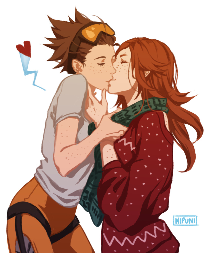 2girls artist_name bodysuit brown_hair closed_eyes cowboy_shot eyelashes freckles goggles goggles_on_head heart highres kiss long_hair long_sleeves multiple_girls nipuni orange_bodysuit orange_hair overwatch scarf shirt short_hair short_sleeves simple_background smile spiked_hair spoken_heart sweater thigh_strap tracer_(overwatch) white_background white_shirt yuri