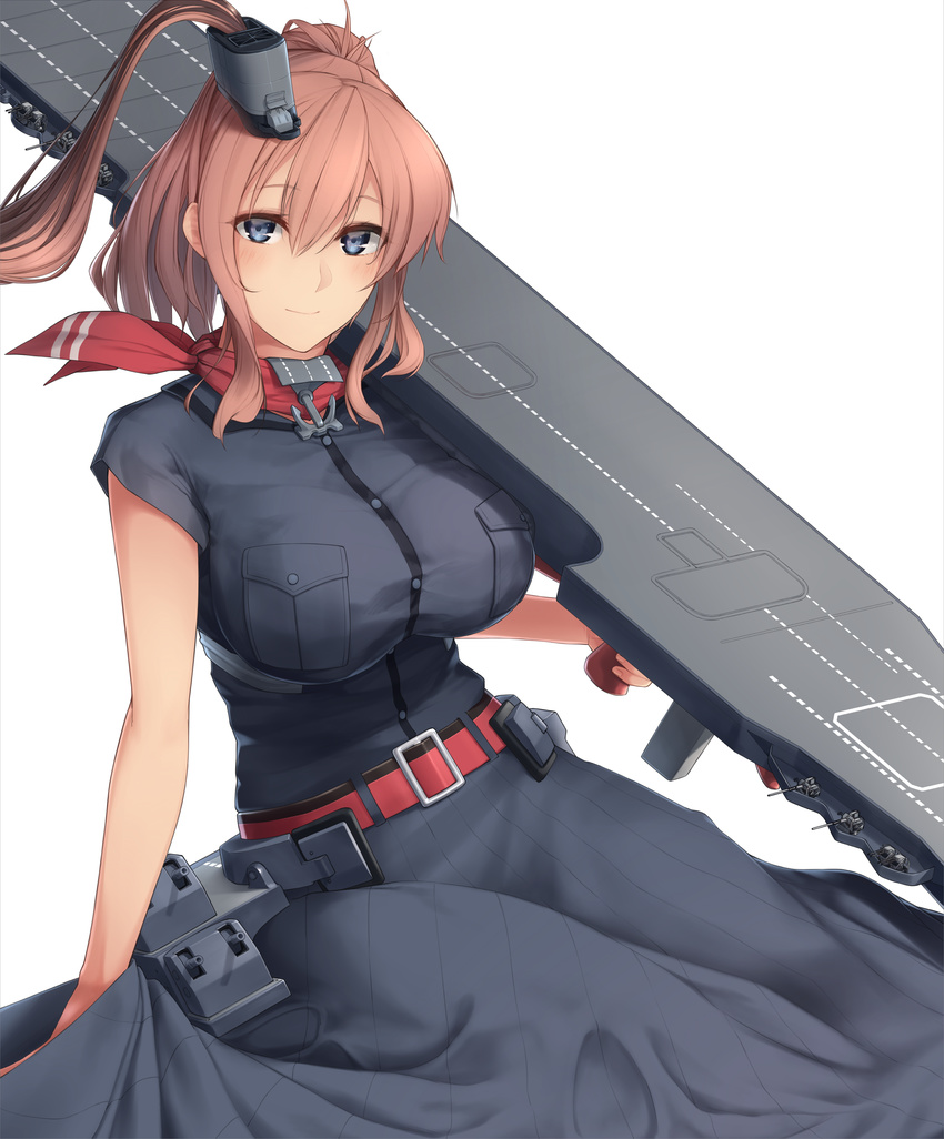 absurdres belt belt_buckle black_dress breasts brown_hair buckle commentary_request dress enosan eyebrows_visible_through_hair flight_deck hair_between_eyes highres holding kantai_collection large_breasts long_hair looking_at_viewer machinery neckerchief ponytail red_belt red_neckwear remodel_(kantai_collection) revision saratoga_(kantai_collection) scarf side_ponytail silver_eyes simple_background smile smokestack solo turret white_background