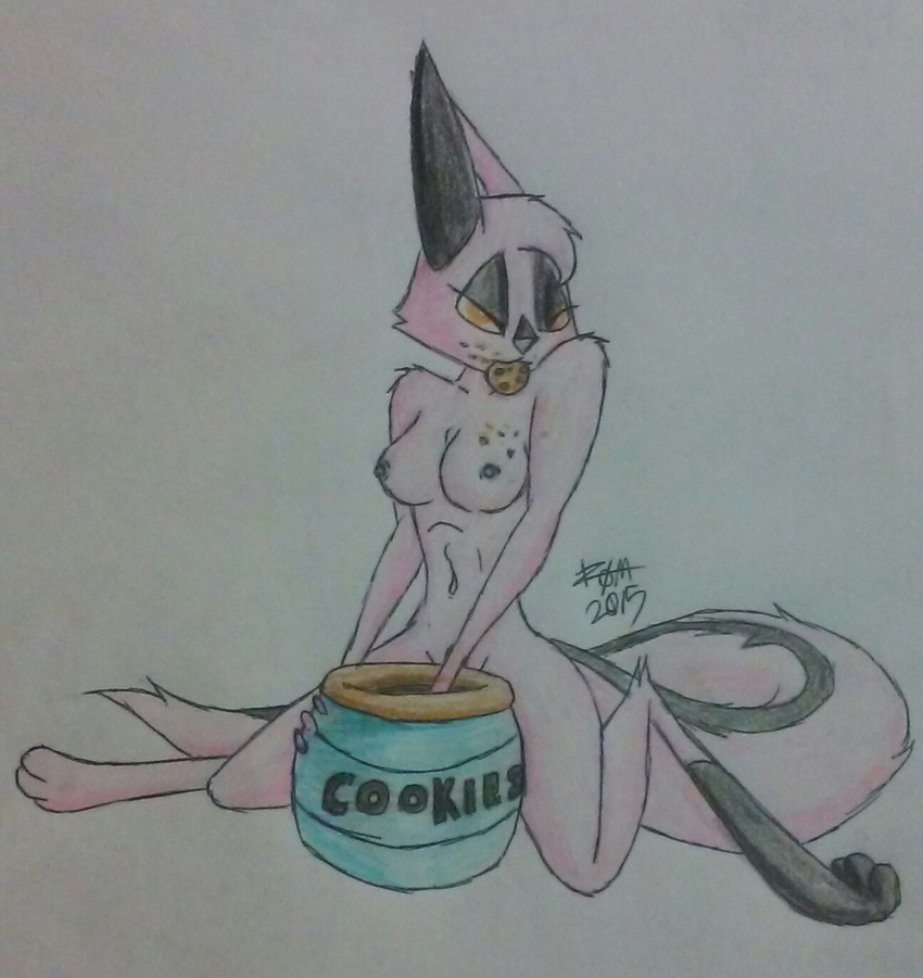 2015 breasts brown_eyes colored_pencil cookie dreamkeepers fawkesvtrot female food fur invalid_tag looking_at_viewer pink_fur simple_background solo viriathus
