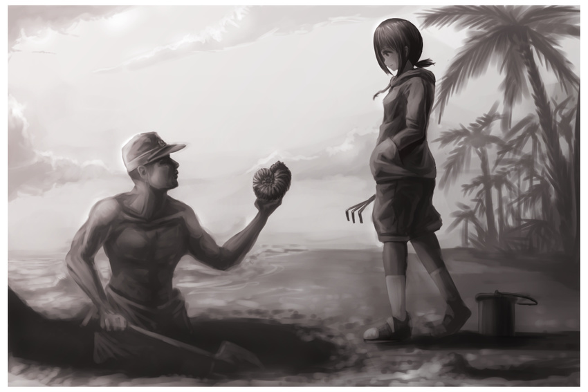 1girl ammonite beach bucket casual clam_digging cloud cloudy_sky commentary dai_toro fubuki_(kantai_collection) greyscale hand_in_pocket hat holding horizon kantai_collection long_hair low_ponytail monochrome shorts shovel sky soldier sweater topless tree