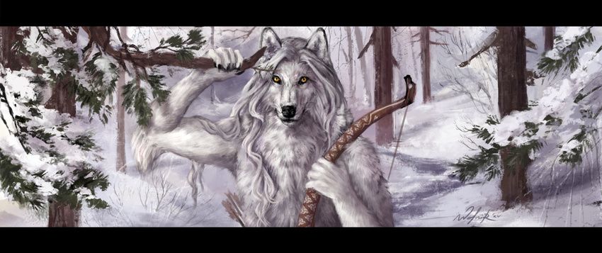 5_fingers anthro black_bars black_lips black_nose bow canine day forest hair holding_object holding_weapon mammal outside snow solo standing tree weapon white_hair wolf wolnir yellow_eyes