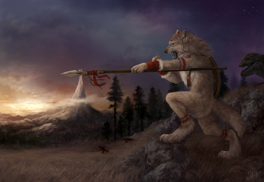 5_fingers anthro black_lips black_nose canine day detailed_background digitigrade grass group holding_object holding_weapon male mammal melee_weapon nude open_mouth polearm rock sky spear standing teeth tongue weapon wolf wolnir