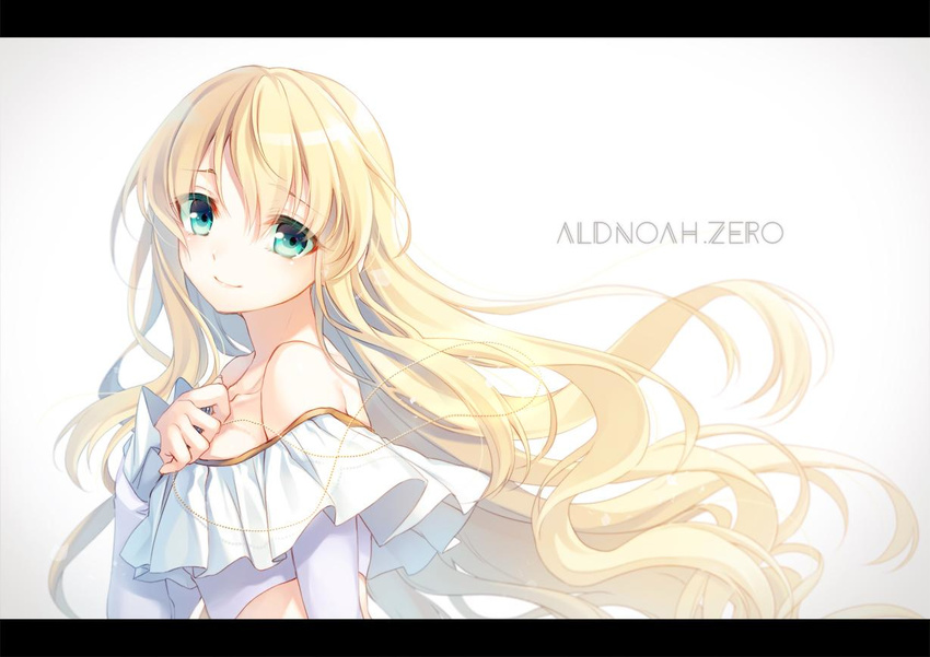 aldnoah.zero alternate_hairstyle asseylum_vers_allusia bare_shoulders blonde_hair commentary_request copyright_name green_eyes hair_down hand_on_own_chest jpeg_artifacts light_smile long_hair off-shoulder_shirt off_shoulder shirt solo toosaka_asagi very_long_hair