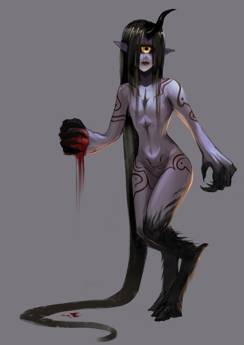 absurdly_long_hair black_eyes black_sclera blood claws cyclops full_body gino grey_background highres hooves horn legs long_hair monster_girl mouth nude one-eyed open original paint pointy_ears purple_skin simple_background smile solo very_long_hair yellow yellow_eyes