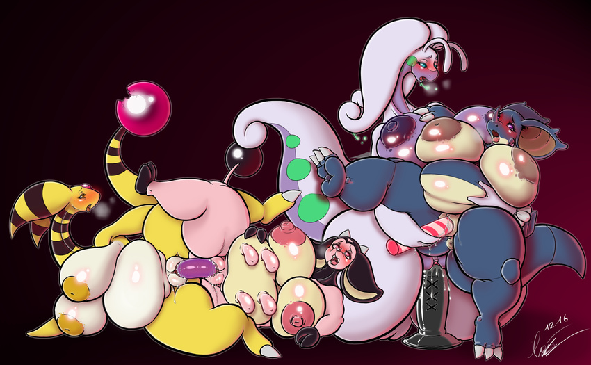 2016 ampharos anthro areola bantar2 big_breasts big_butt blush breasts butt claws digital_media_(artwork) dildo dragon drooling female female/female goodra green_eyes hi_res horn huge_breasts miltank nidoqueen nintendo nipples nude obese open_mouth overweight penetration pok&eacute;mon pussy saliva sex sex_toy simple_background standing teeth thick_thighs toe_claws tongue tongue_out vaginal video_games yellow_skin