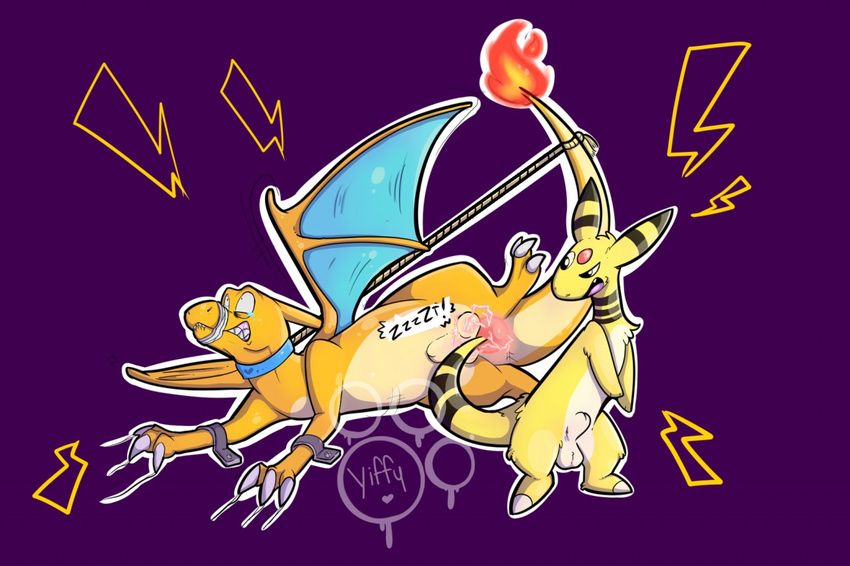 &lt;3 ampharos animal_genitalia ballbusting balls bound charizard claw_marks claws clenched_teeth cock_and_ball_torture collar duo electric electricity electrocution feral fire flaming_tail forced lightning_bolt male male/male mammal membranous_wings nintendo ouch pain pok&eacute;mon purple_background restrained rope rope_bondage scalie semi-anthro sheath simple_background tears teeth video_games whack wings yiffy1234