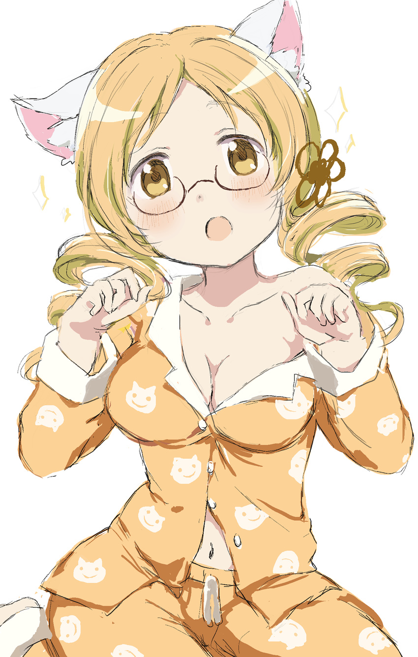 animal_ears animal_print blonde_hair blush breasts buttons cat_print cleavage company_connection cosplay curly_hair drill_hair glasses hair_ornament hanekawa_tsubasa hanekawa_tsubasa_(cosplay) highres hitode large_breasts long_hair mahou_shoujo_madoka_magica monogatari_(series) navel pajamas paw_pose shaft solo sparkle tomoe_mami twintails yellow_eyes