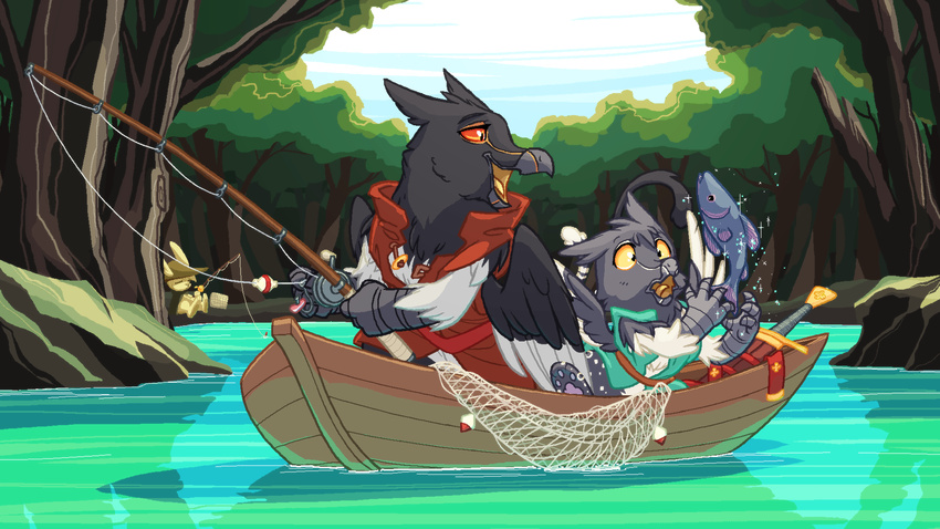 avian boat clothed clothing day duo equestria-prevails feathered_wings feathers fish forest gryphon lake marine open_mouth orange_eyes outside smile tongue tree vehicle water wings yellow_eyes