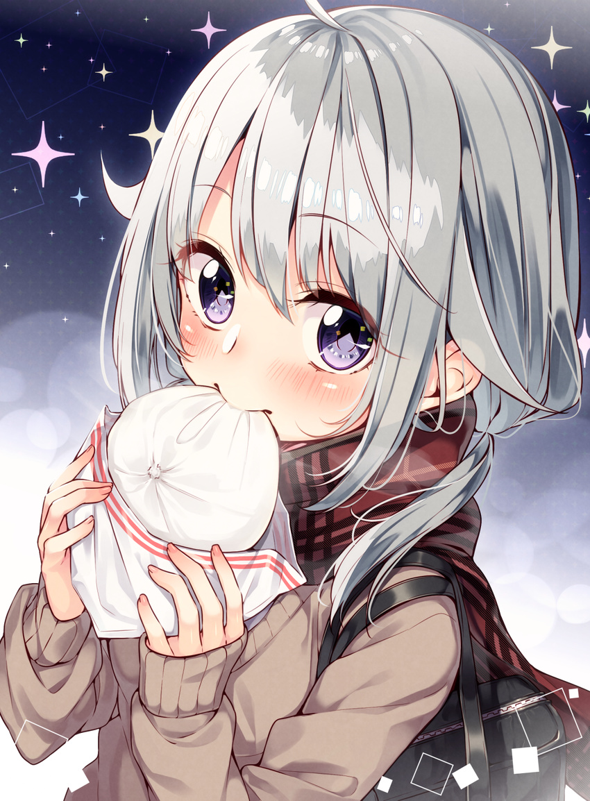 ahoge bag bangs baozi blush close-up commentary eyebrows_visible_through_hair food handbag highres holding holding_food long_hair long_sleeves looking_at_viewer original over_shoulder plaid plaid_scarf purple_eyes red_scarf reflective_eyes sakuragi_ren scarf shinonome_an silver_hair smile solo sparkle sweater tareme upper_body wrapper zipper
