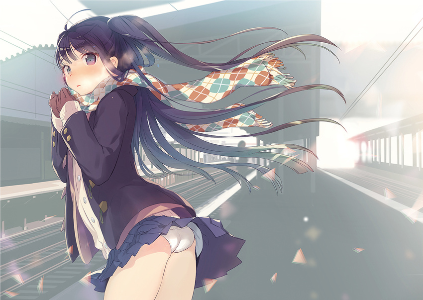 ass black_eyes black_hair blush breath commentary_request enpera gin_(oyoyo) gloves long_hair long_sleeves looking_at_viewer original panties pleated_skirt scarf school_uniform skirt solo train_station twintails underwear white_panties