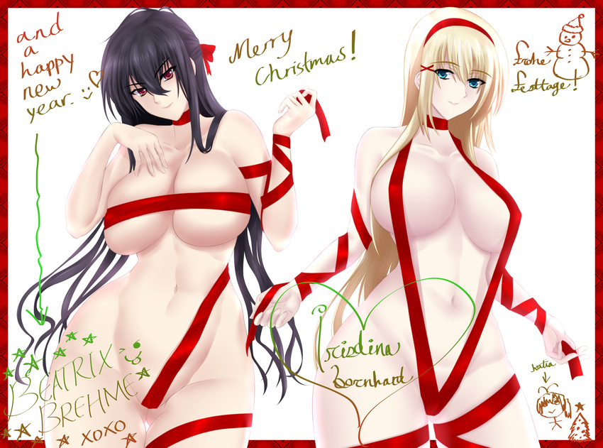 2girls beatrix_bremer black_hair blonde_hair blue_eyes breasts christmas cleavage curvy green_kaminari irisdina_bernhard large_breasts long_hair looking_at_viewer multiple_girls muvluv navel red_eyes schwarzesmarken sideboob smile underboob wide_hips