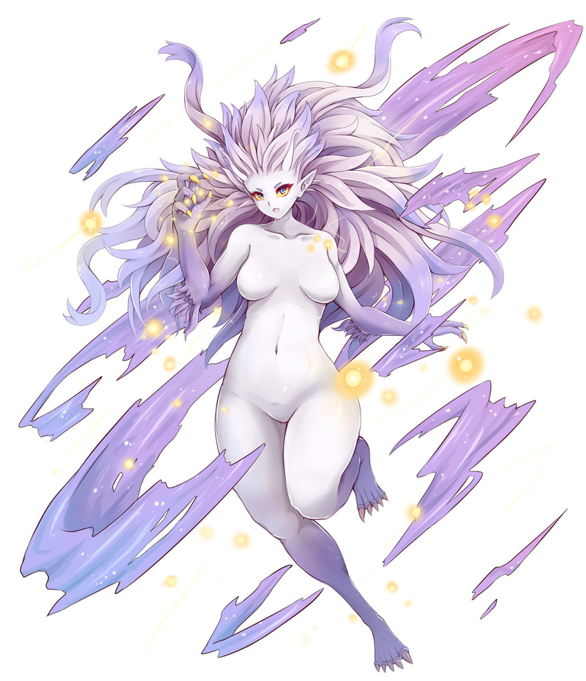 alternate_form blue_eyes breasts claws dunceneygak final_fantasy final_fantasy_vi full_body highres lavender_hair long_hair medium_breasts navel pointy_ears purple_skin solo spiked_hair stomach tina_branford trance_tina_branford very_long_hair yellow_sclera