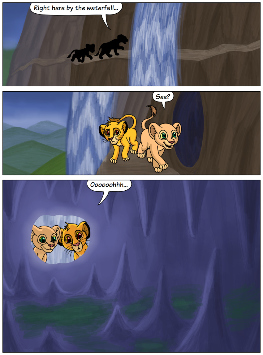 cave comic disney felid feline female feral fur hi_res hill lion male mammal nala pantherine silhouette simba simple_background stalactites stalagmites text the_lion_king toony waterfall whiskers whoreomatic young