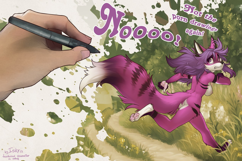 4_toes 5_fingers anthro bare_back black_nose breasts canine casual_nudity detailed_background english_text female fluffy fluffy_tail fox fur grass hair human iskra looking_back mammal nude pen purple_eyes purple_fur purple_hair running selene_leni side_boob solo text toes wide_hips