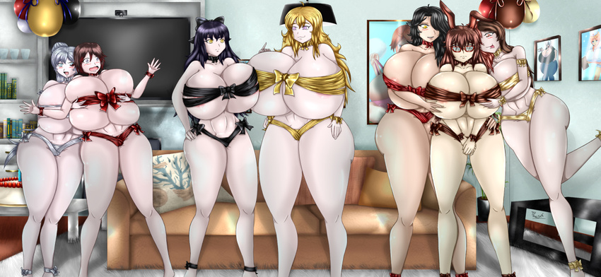 6+girls :3 baloons black_hair blake_belladonna blonde_hair blush bow breast_grab breasts bunny_ears cake cinder_fall couch curvy gigantic_breasts glasses huge_breasts multiple_girls party raisen-kun_(artist) red_hair ruby_rose rwby smile thick thick_thighs tongue_out tv velvet_scarlatina weiss_schnee white_hair wide_hips yang_xiao_long