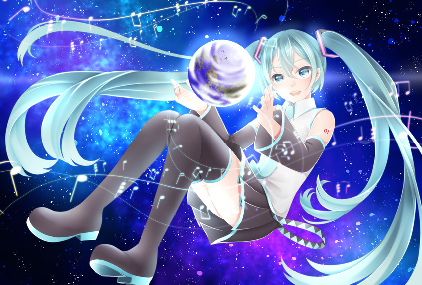 black_footwear black_skirt blue_eyes blue_hair blue_neckwear boots detached_sleeves earth hair_ornament hatsune_miku highres long_hair necktie number pleated_skirt sakurai_sakurako shirt skirt solo thigh_boots thighhighs twintails very_long_hair vocaloid white_shirt